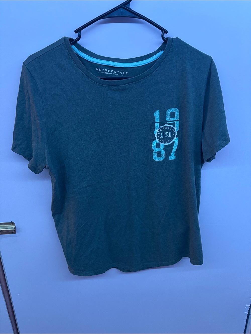 Aeropostale Navy Green Tee with Teal 1987 Graphic